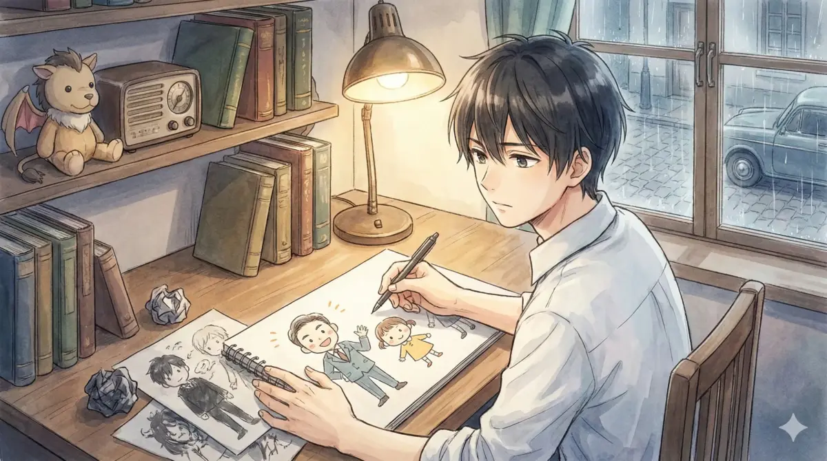 机に向かう遠藤達哉が過去作のシリアスな原稿と現在のコメディ原稿に囲まれて苦悩する様子