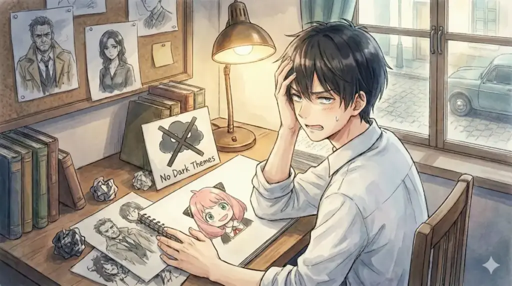 「暗いの禁止」の貼り紙の前で頭を抱える遠藤達哉と机に置かれたアーニャのイラスト原稿