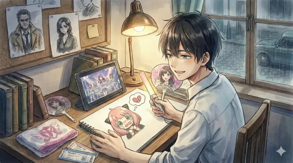 日向坂46のライブ配信を見ながらペンライトを振りアーニャのイラストを描く遠藤達哉の笑顔