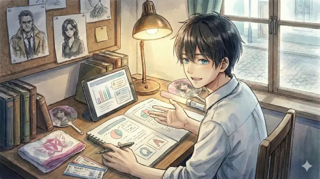 性別や次回作の予定など遠藤達哉に関する噂をQ&A形式で解説するイラストと笑顔の遠藤先生