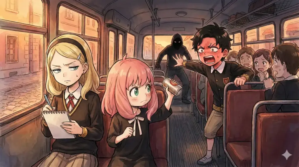 スパイファミリーバスジャック編:SOSメモを書くベッキーと空き缶を持つアーニャ、囮になるダミアンの奮闘