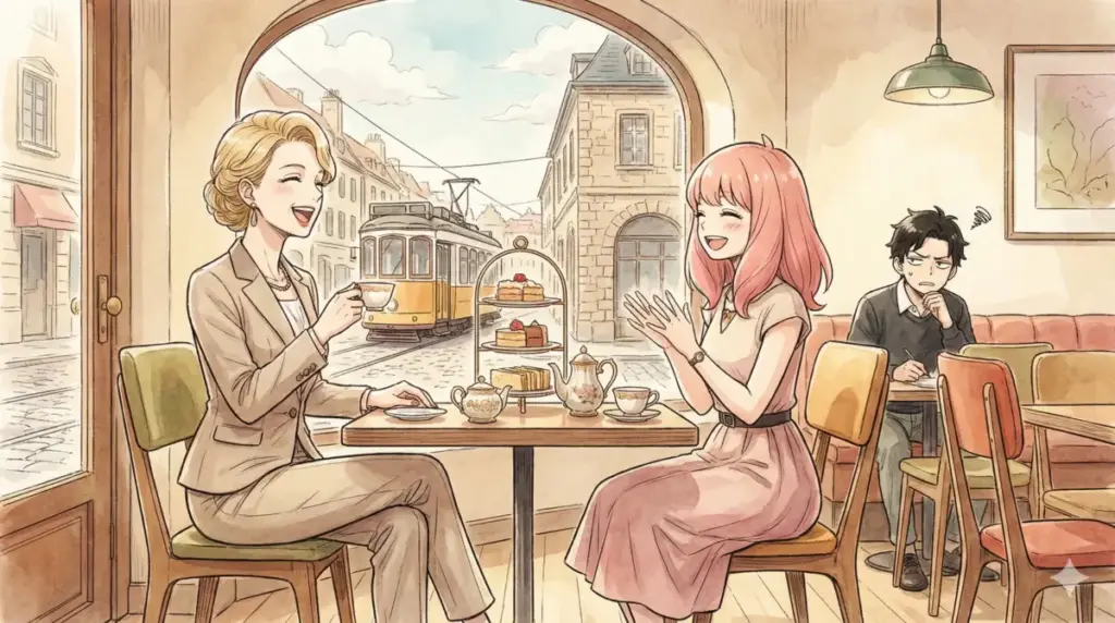 大人になったベッキーとアーニャの未来予想:カフェでアフタヌーンティーを楽しむ二人、ロイドへの恋とブラックベル家の継承