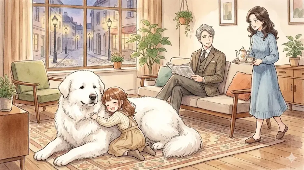 温かいリビングで大型犬を抱きしめる少女と、新聞を読む男性、お茶を運ぶ女性の家族の日常。