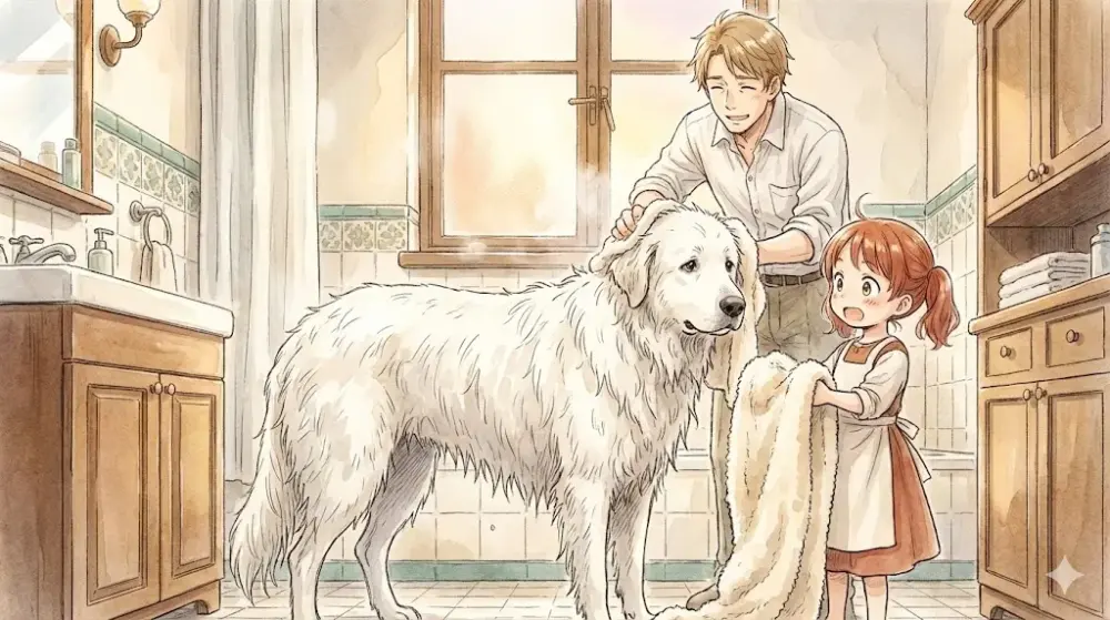 お風呂上がりの大型犬を、男性が優しく撫で、少女がタオルを持つ心温まる情景。