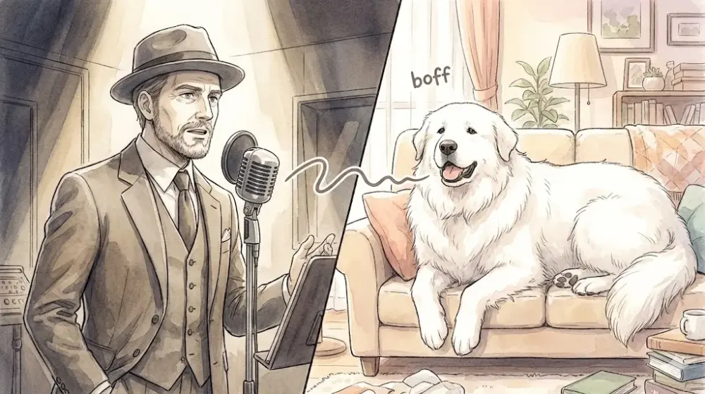 マイク前でナレーションを読む男性と、ソファーで「ボフッ」と鳴く大型犬の対比。