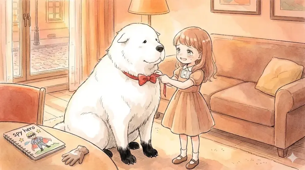 少女が大型犬に蝶ネクタイを結んであげる、感動的な家族の絆の瞬間。