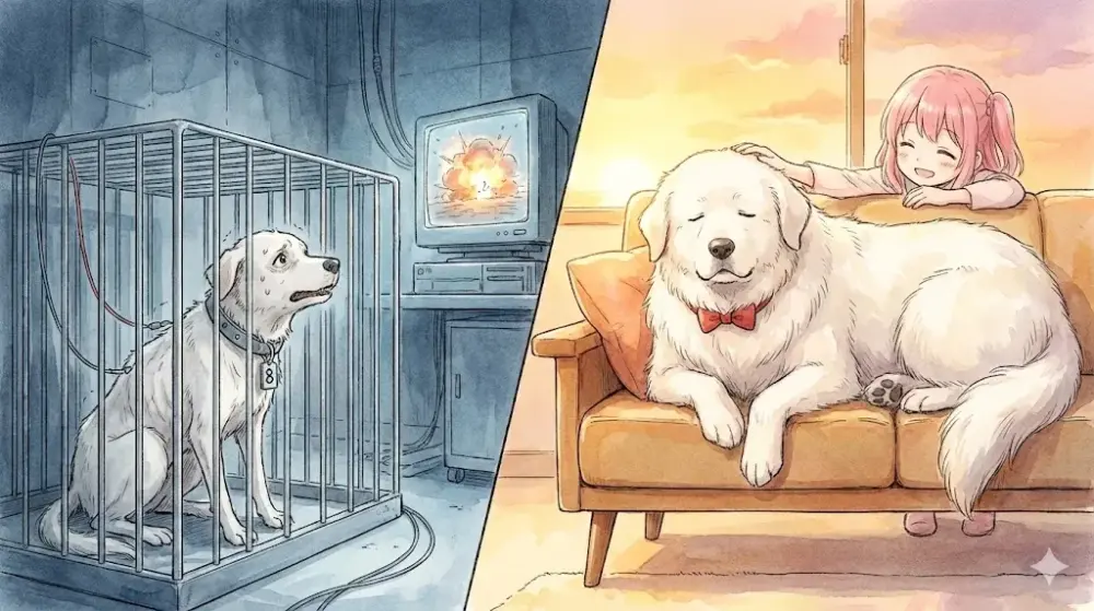 檻の中の実験犬と、少女に撫でられ安らぐ大型犬の対比。