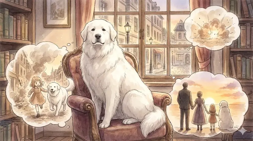 椅子に座る大型犬と、彼の記憶である過去と未来の家族の情景。