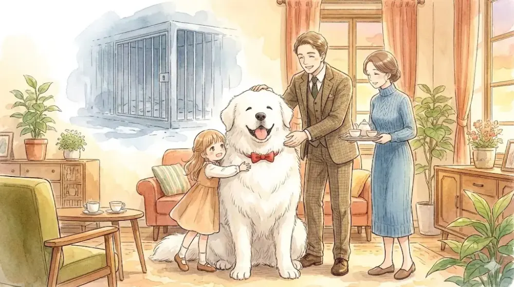 檻の過去を背負いつつも、家族に囲まれ笑顔で過ごす大型犬。