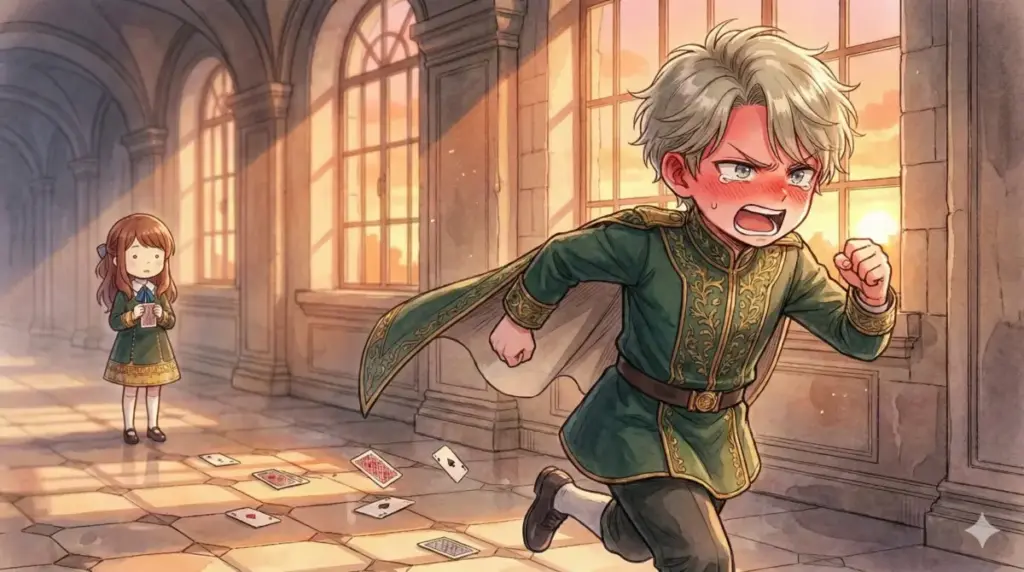 アーニャとのババ抜きで優しさを見せて赤面逃走するダミアンのかわいいイラスト