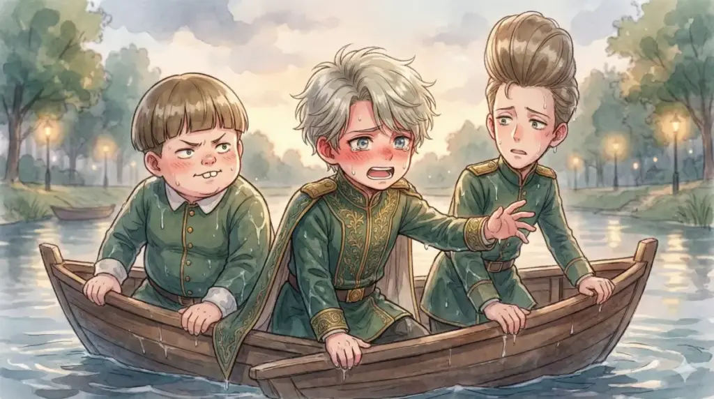 野外学習の川下りでダミアンを守るエミールとユーインの尊い友情を描いたイラスト