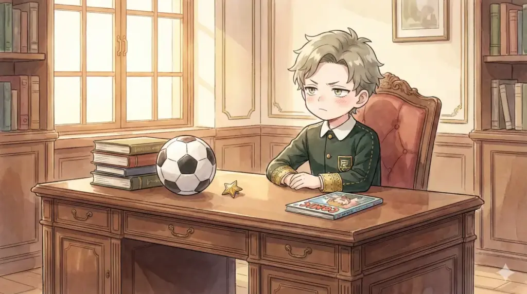 ダミアンのプロフィール:好きなサッカーボールとステラが置かれた勉強机のイラスト