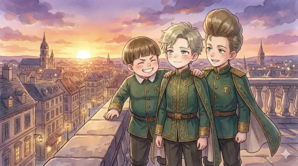 夕日の中で笑顔を見せるダミアンとエミール・ユーインの成長と友情を描いたイラスト