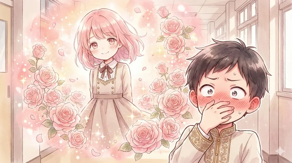 スパイファミリー：赤面し逃げるダミアンと、バラ色の背景でキラキラ輝く美少女アーニャのフィルター描写イラスト