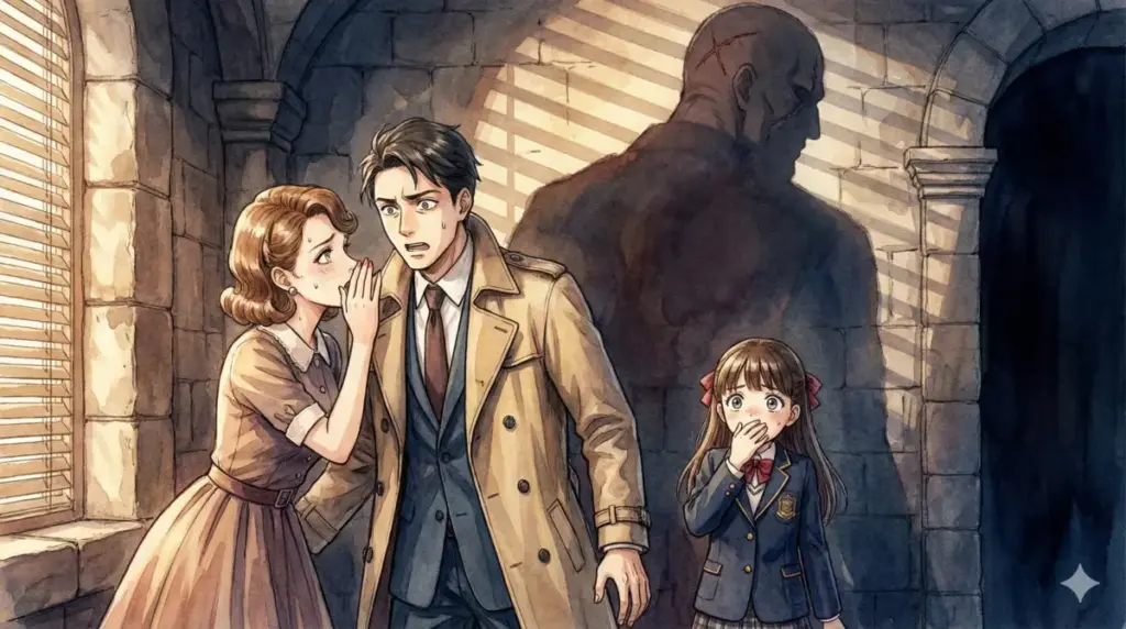 ロイドに夫の正体を「宇宙人」と告白するメリンダと背後の影に戦慄するアーニャのイラスト