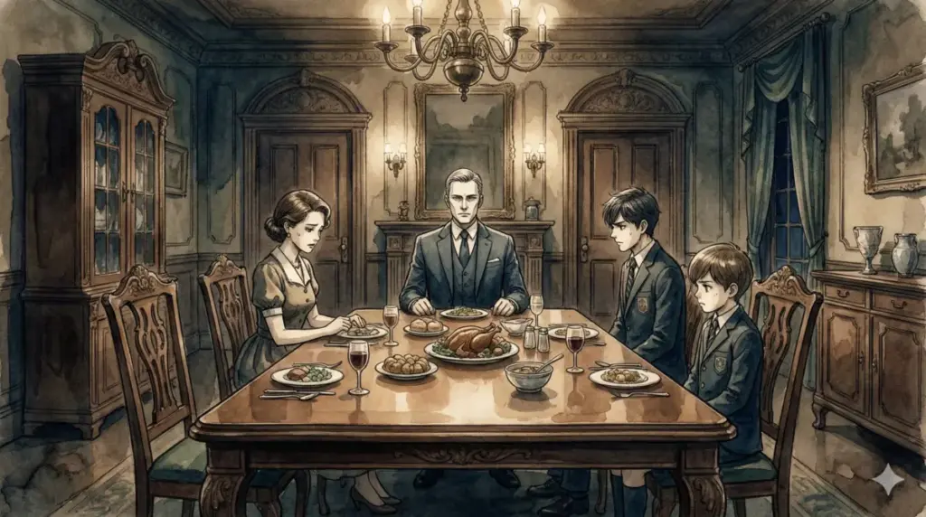 スパイファミリー106話の会話のない食事会で冷徹に座るドノバンと沈黙する家族の食卓の様子