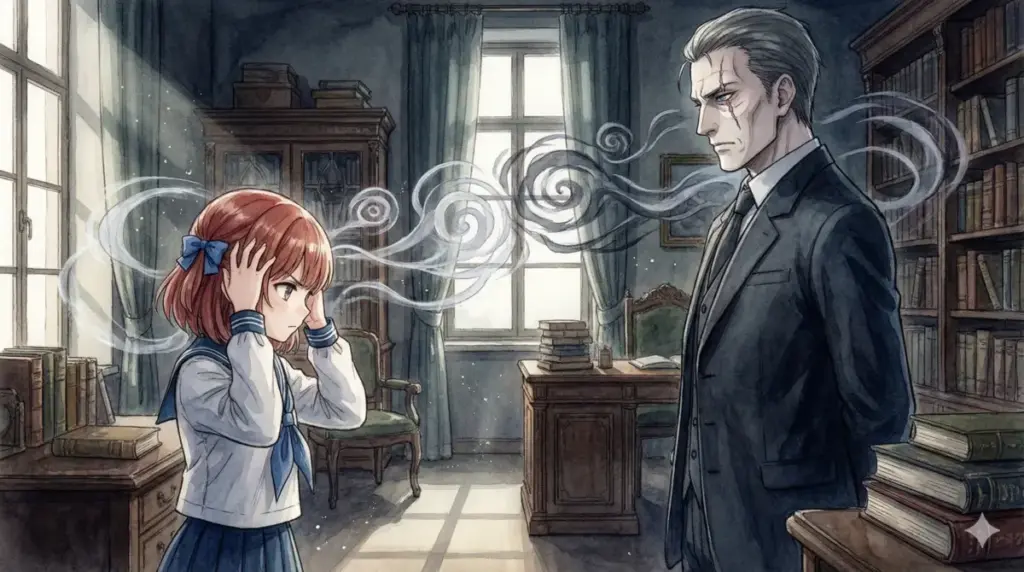 書斎で対峙し互いの思考の波を交錯させる心を読む超能力者アーニャとドノバンの静かなる戦い