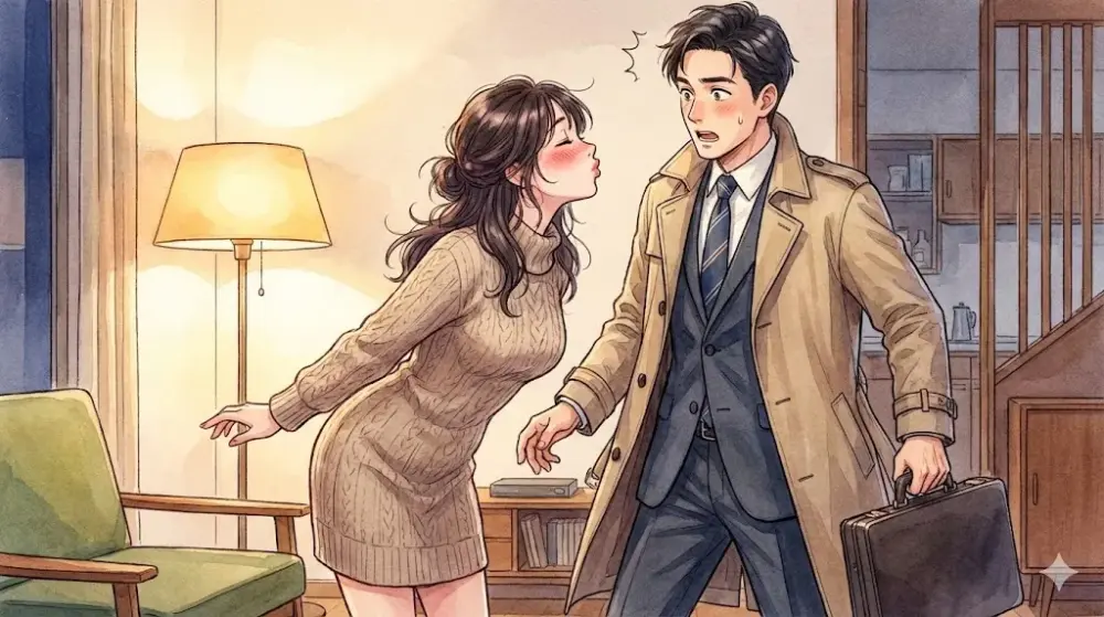 帰宅した夫に不意打ちのキスを迫る妻と、驚き戸惑う夫の玄関での一幕
