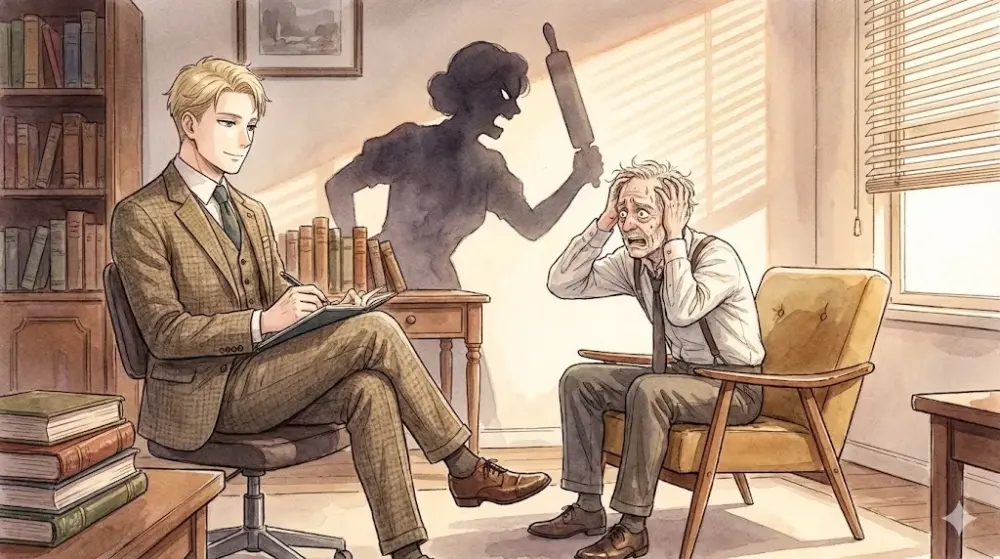 鬼嫁の影に怯える男性患者と、それを冷静に診察する精神科医のイラスト