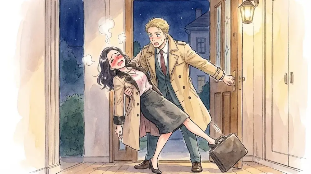 泥酔して帰宅し玄関で倒れ込む妻と、慌てて抱き留める夫のコミカルな図