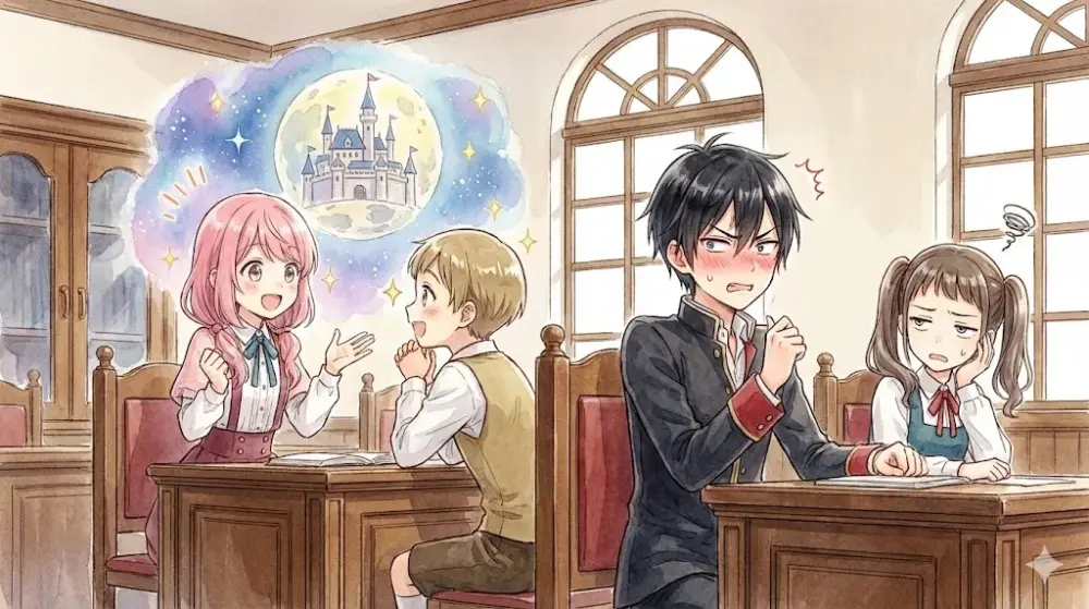 教室で夢を語る少女と照れる少年、呆れる友人が織りなす学園の日常風景