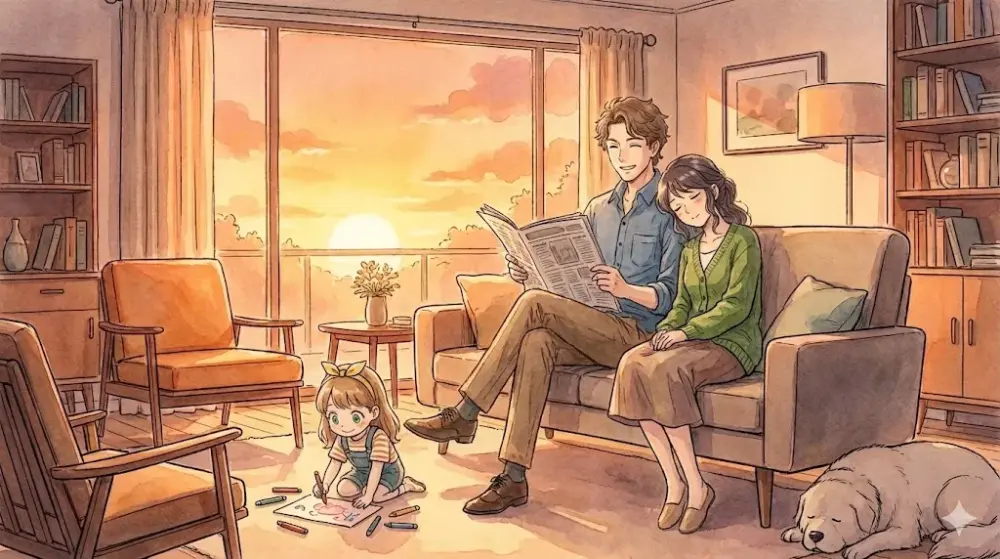 夕陽が差す部屋で寛ぐ夫婦と遊ぶ娘、犬が過ごす平和で温かい家族の日常