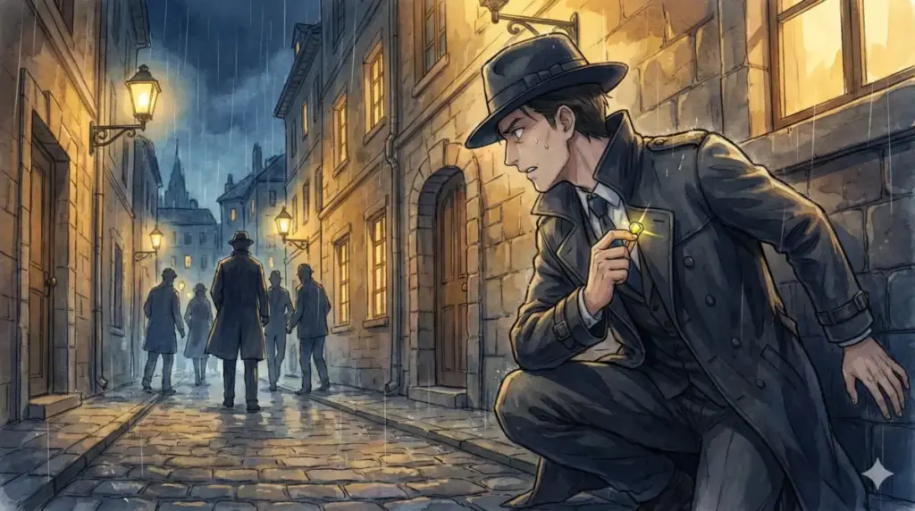 偽情報の黄色の宝石を手にし保安局員たちに路地裏で包囲されるロイドの窮地を描く緊迫のシーン