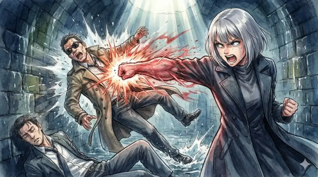 ヨルへの対抗心を燃料に右腕粉砕の骨折パンチで敵ウィーラーを吹っ飛ばすフィオナの覚醒シーン