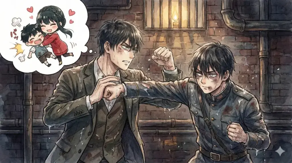 姉ヨルの激しすぎるスキンシップで鍛えられたユーリの異常なタフネスさとロイドの驚愕を描く場面