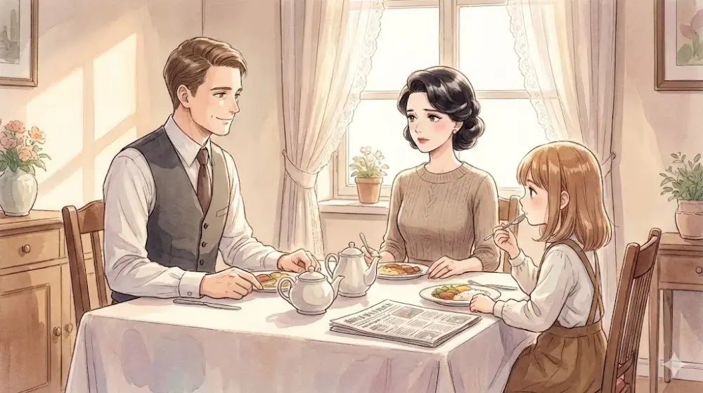 柔らかな日差しの中、笑顔で食卓を囲む家族の穏やかな団欒の風景