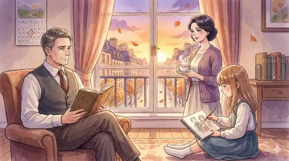 夕暮れの部屋で読書や絵画をして思い思いに寛ぐ、平和な家族の日常