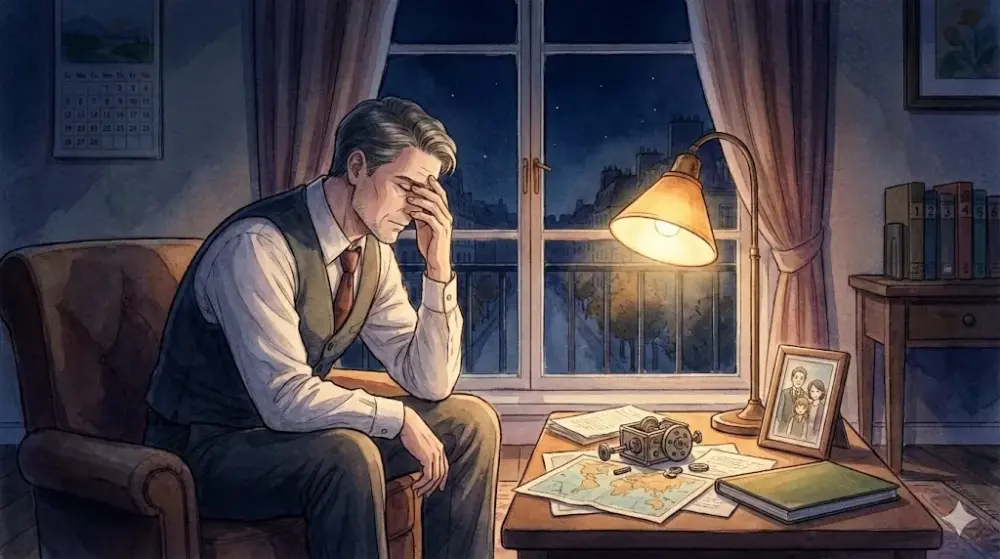 家族写真の傍らで、夜の書斎にて一人苦悩し頭を抱える男性の姿