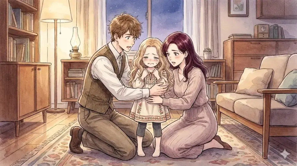 泣きじゃくる少女を優しく抱きしめ慰める、両親の感動的な夜の場面