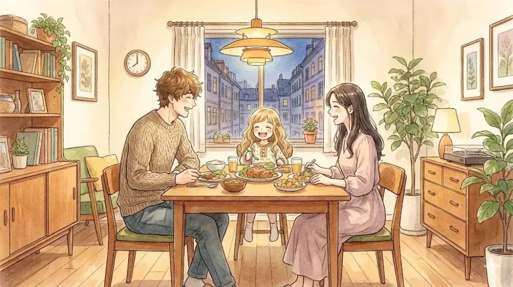 欧州風の夜景が見える部屋で、楽しそうに夕食を囲む家族のイラスト