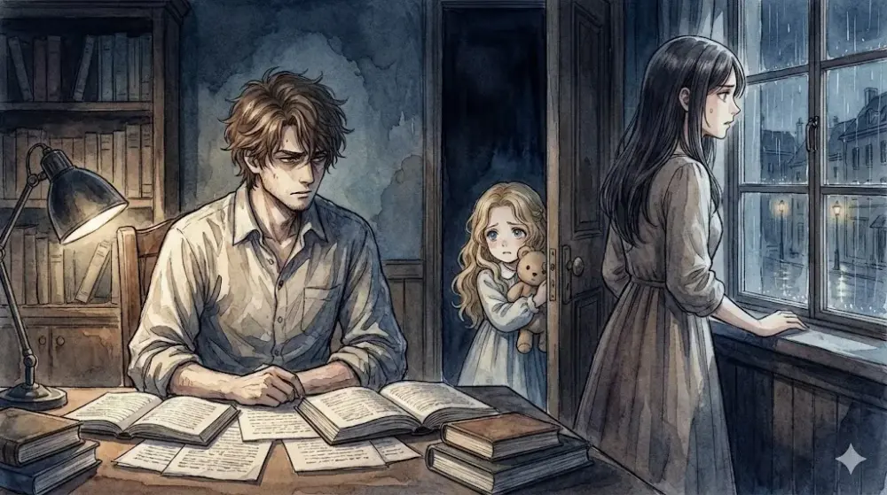 苦悩する父と雨を見る母、ドア越しに心配そうに見つめる少女の図