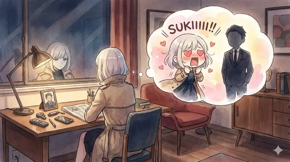 机に向かう無表情な女性と、脳内で愛を絶叫する可愛いチビキャラ