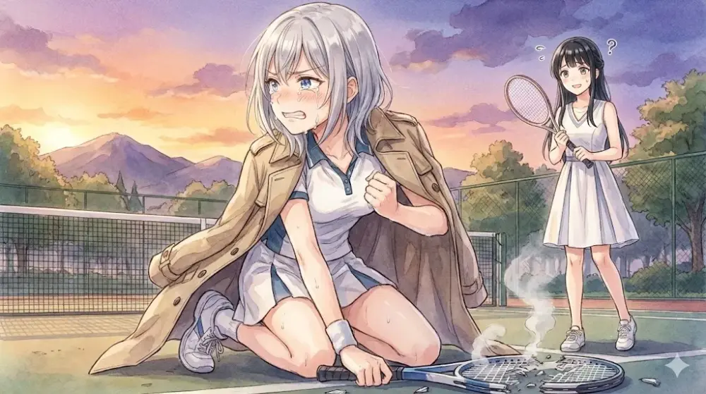 テニスコートでラケットを壊して泣く女性と困惑する黒髪の女性