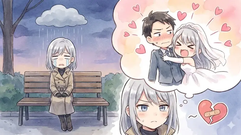 雨のベンチで泣く女性と、叶わぬ結婚の妄想に破れる切ない情景