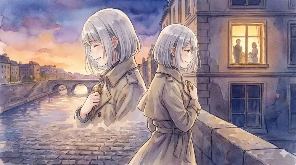 幸せな家族の窓辺を見上げ、切ない笑顔で涙を流す女性のイラスト