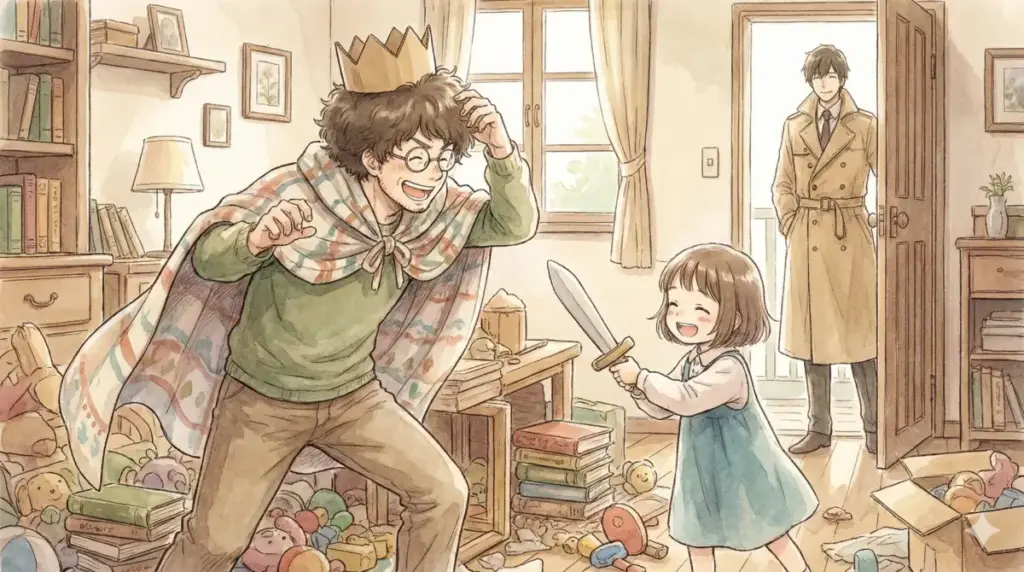 アーニャのスパイごっこに本気で付き合うフランキーを、ロイドが温かく見守るまとめの情景