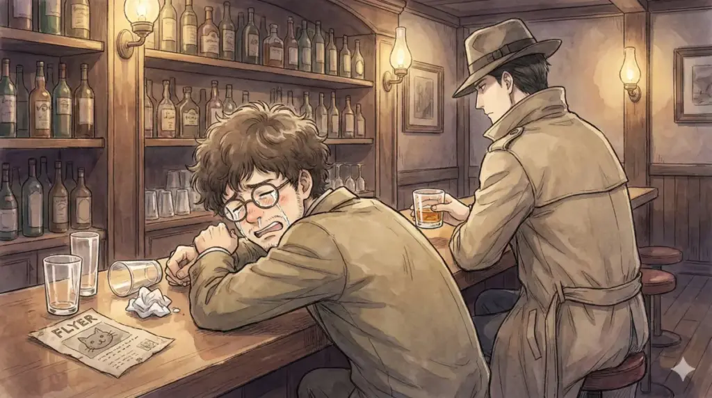 失恋してバーで号泣するフランキーと、隣で黙ってグラスを傾け付き合うロイドの男の友情