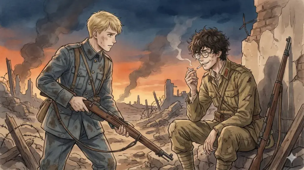 戦場で敵兵同士として出会った若きロイドとフランキーが、廃墟でタバコを交わす絆の原点