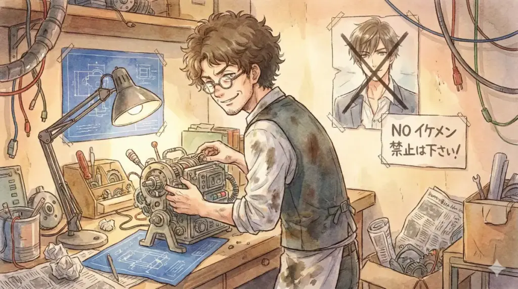 「イケメン禁止」の貼り紙がある作業場で、ジャンクパーツの発明に没頭するフランキー