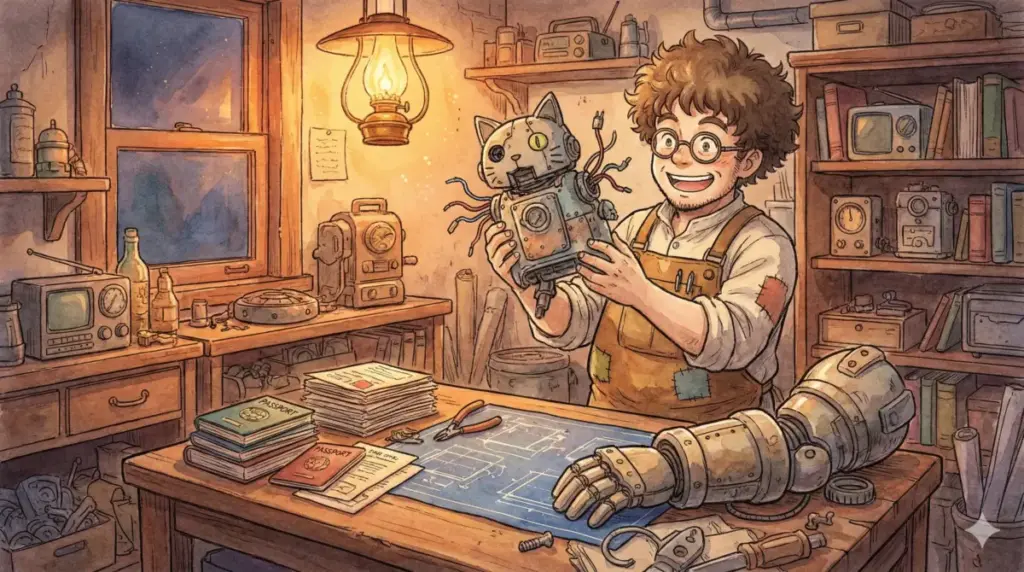 作業部屋で自作の猫型ロボットを嬉しそうに持つフランキー。スパイグッズの発明も彼の仕事