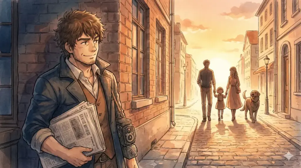 夕暮れの街角でロイドらフォージャー家の幸せな姿を見守る情報屋フランキーの温かい笑顔