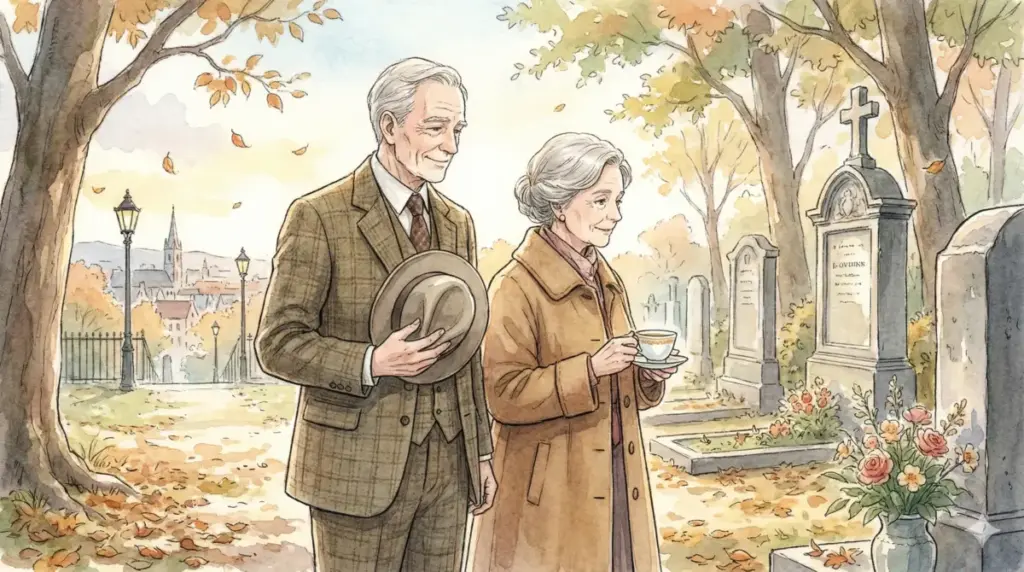 不倫ではなく同志としてルシアの墓前で寄り添う老年のヘンダーソンとマーサのエレガントな距離感