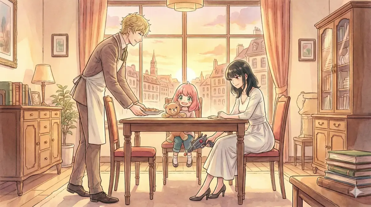 夕暮れの食卓で笑顔の疑似家族とスパイファミリーのような漫画10選を紹介する暖かなイラスト