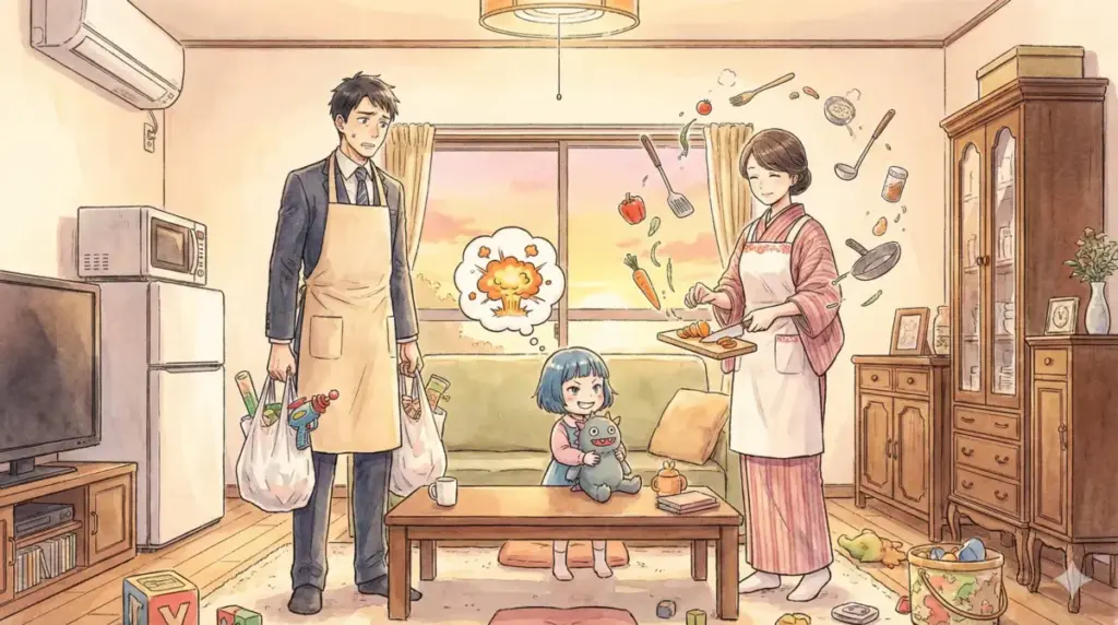 爆発する料理を想像する娘とスーパー帰りの夫婦を描く日常と非日常のギャップ萌えのイメージ