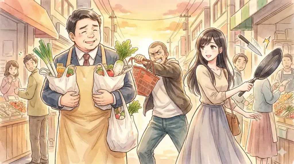 スーパーの特売で主夫とスパイが対峙する極主夫道やSAKAMOTO DAYS風のアクションコメディ