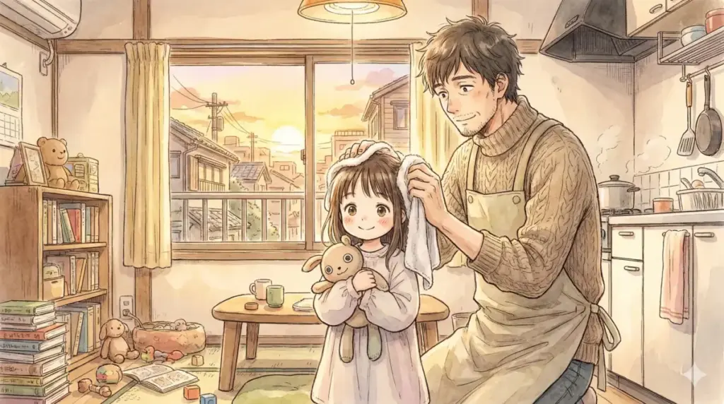 独身男が幼い少女の髪を拭くうさぎドロップのような不器用な疑似家族の絆を描く心温まるシーン